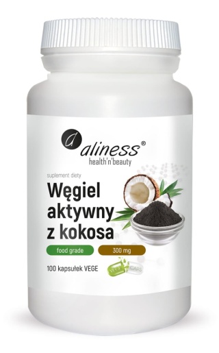 Aliness,Węgiel aktywny z kokosa 300mgx100 Vege caps.