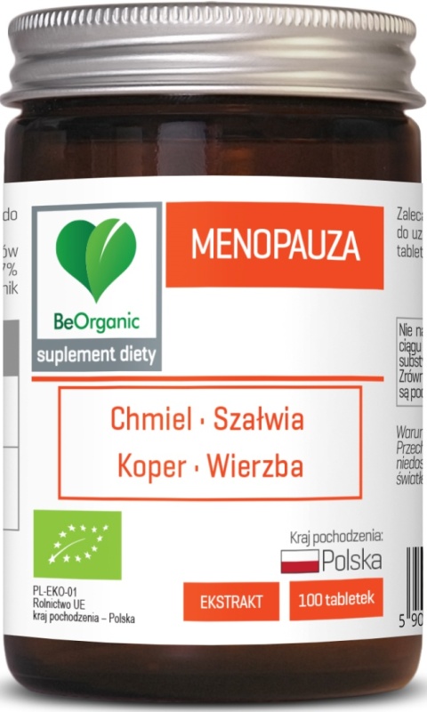 Menopauza BIO 450 mg – 100 tabletek BeOrganic, roślinny suplement diety z certyfikatem BIO, oparty na tradycyjnych składnikach