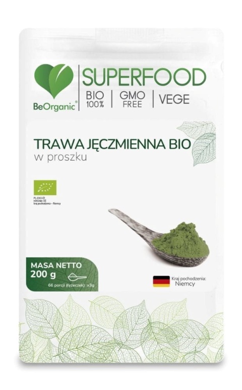 Trawa jęczmienna BIO 200 g BeOrganic – proszek z młodego jęczmienia, ekologiczny surowiec roślinny do koktajli i napojów
