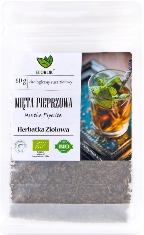 Mięta pieprzowa EKO 60 g EcoBlik – suszone liście z certyfikatem BIO, tradycyjnie używane w naparach i mieszankach ziołowych Mięta pieprzowa EKO 60 g EcoBlik – suszone liście z certyfikatem BIO, tradycyjnie używane w naparach i mieszankach ziołowych