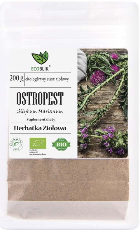 Ostropest mielony EKO 200 g EcoBlik – surowiec roślinny BIO, ekologiczne nasiona ostropestu tradycyjnie stosowane w zielarstwie