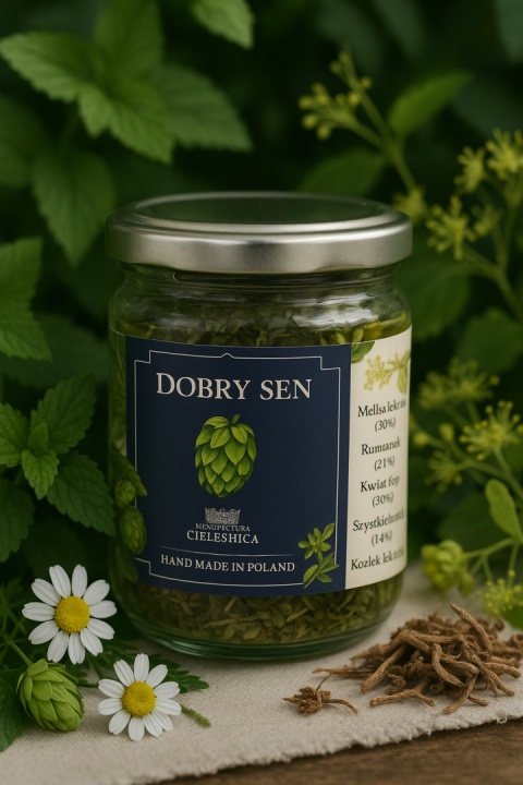 Manufaktura Cieleśnica Herbata ziołowa Dobry Sen 40 g – naturalna mieszanka ziół wspierająca wieczorny relaks i wyciszenie