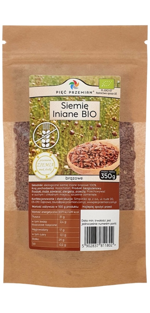 Siemię lniane brązowe BIO 350 g Pięć Przemian – ekologiczne nasiona lnu, źródło błonnika i kwasów omega-3, certyfikat EU Organic